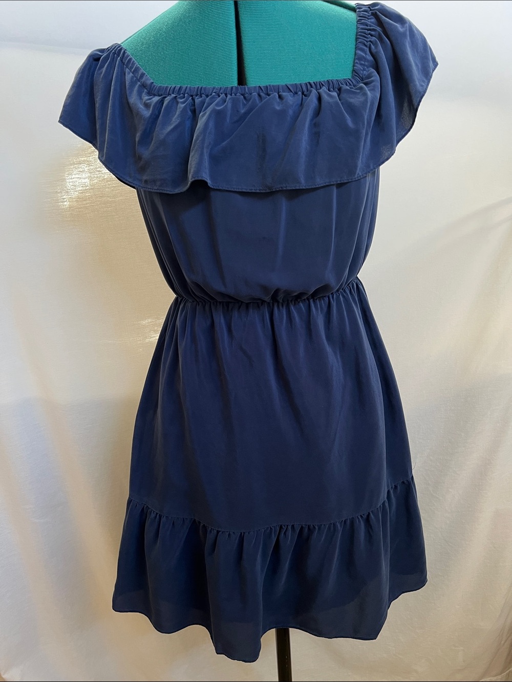 Club Monaco 100% Silk Navy Ruffle Off-Shoulder Dress